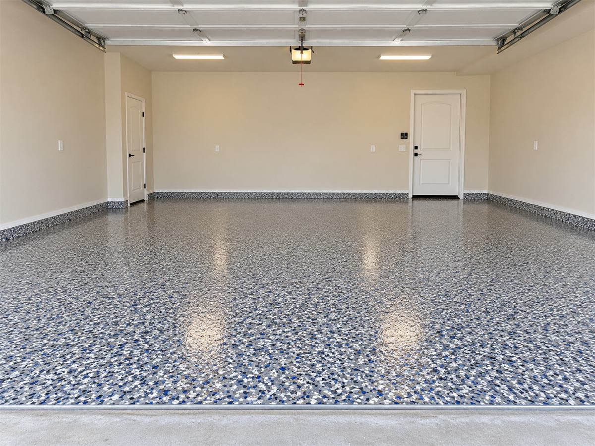Same garage floor after coastal blue polyaspartic flake coating installation