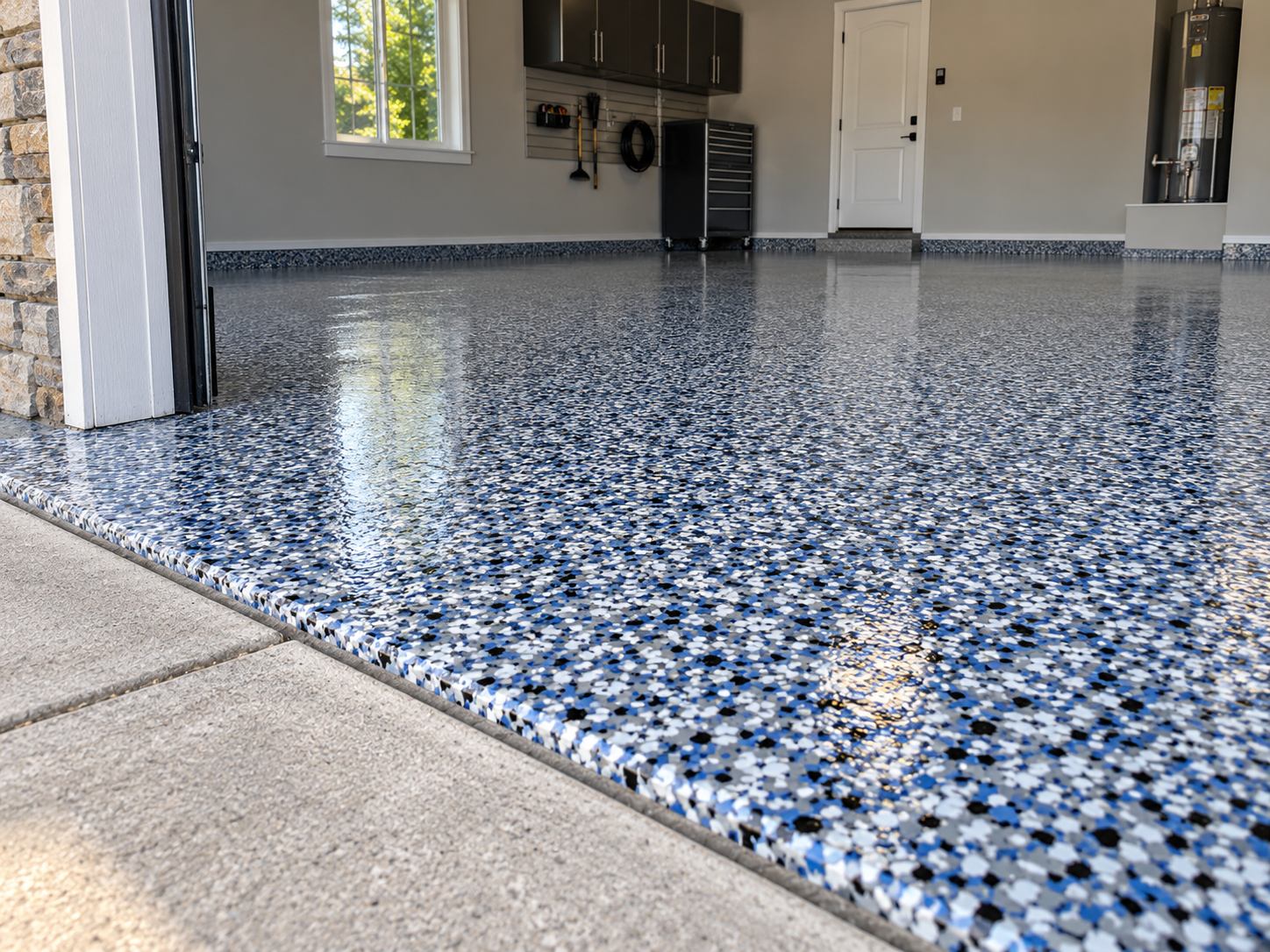 Close-up of coastal blue decorative flake residential floor coating