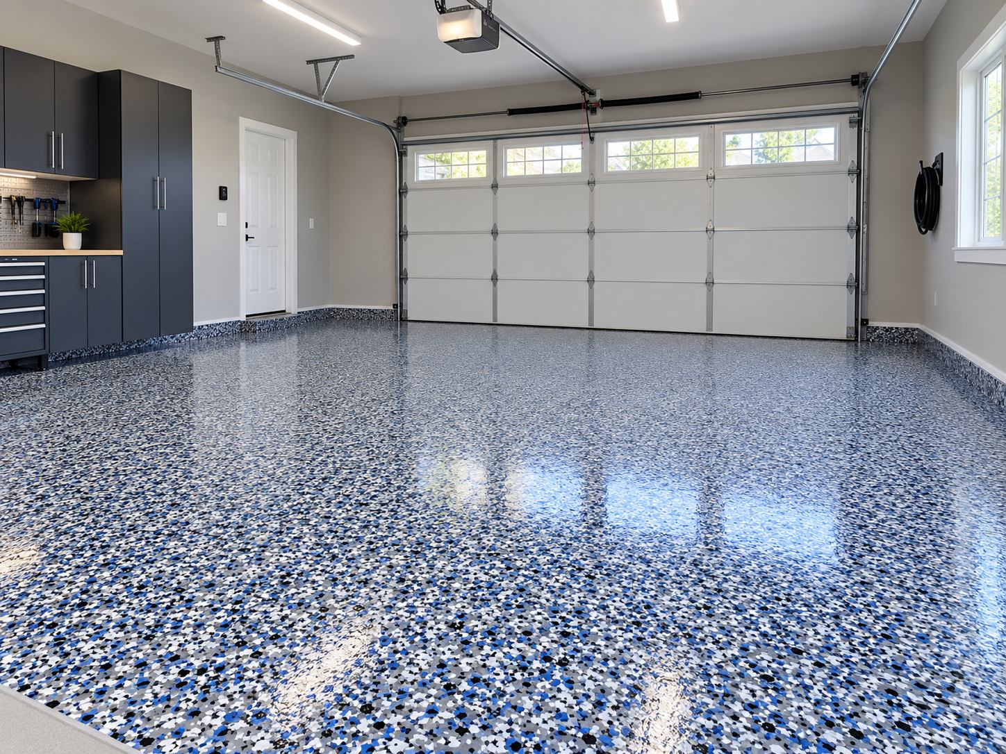 Coastal blue decorative flake polyaspartic garage floor coating installed in a Tulsa home