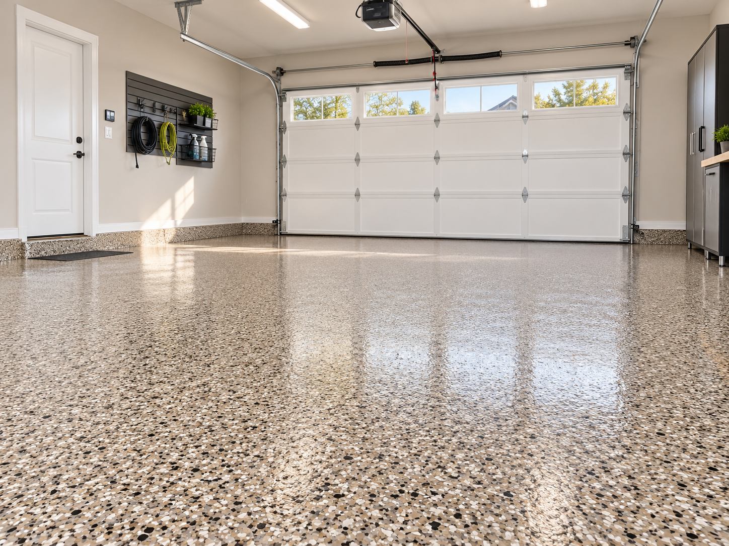 Sahara tan decorative flake polyaspartic residential floor coating