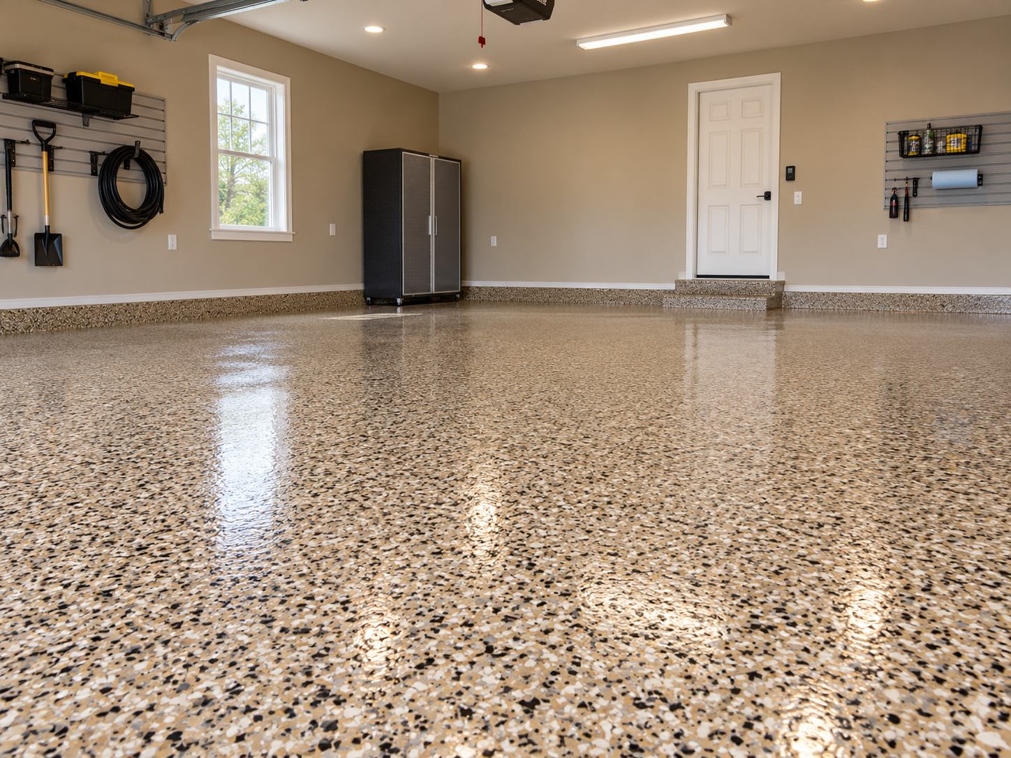 Sahara tan decorative flake garage floor coating in Tulsa