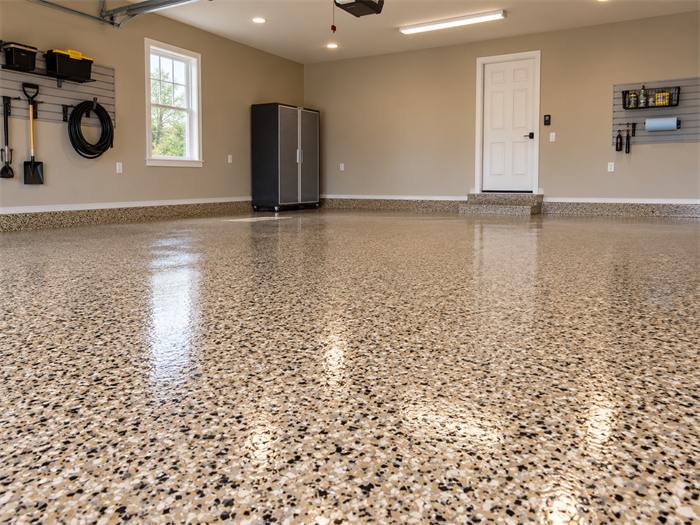 Sahara tan decorative flake polyaspartic garage floor coating