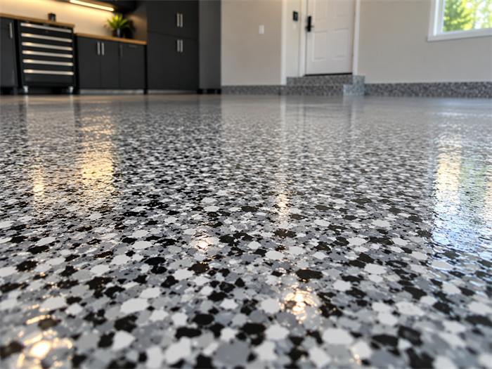 Storm gray decorative flake garage floor coating close-up